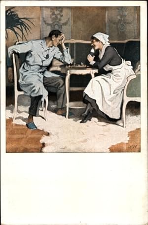 Künstler Ansichtskarte / Postkarte Wennerberg, B., Schach, verwundeter Soldat mit Krankenschwester