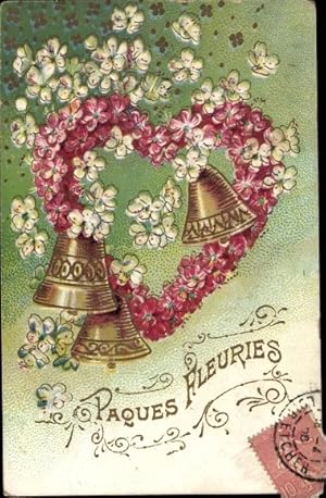 Präge Ansichtskarte / Postkarte Glückwunsch Ostern, Glocken, Blumen, Kitsch