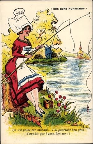 Ansichtskarte / Postkarte Junge Frau in Tracht beim Angeln
