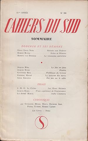 Bild des Verkufers fr Les Cahiers du Sud 380 : Revue dirige par Jean Ballard. Sur les pas de Victor Segalen. Gabriel Bounoure, Roger Giroux, G.-E. Clancier - . Trois articles consacrs Doderer et ses dmons. (Enest Erich NOTH - Robert Rovini) zum Verkauf von PRISCA