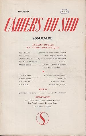 Seller image for Cahiers du Sud n 360 ALBERT BEGUIN ET L AME ROMANTIQUE for sale by PRISCA