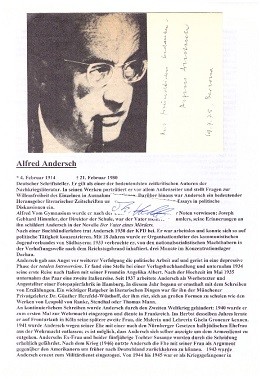 Imagen del vendedor de ALFRED ANDERSCH (1914-80) deutscher Schriftsteller, zeitkritischer Autor der Nachkriegsliteratur, der sich mit zahlreichen Essays an politischen Diskussionen beteiligte. Andersch war Herausgeber literarischer Zeitschriften, Rundfunkredakteur und Grndungsmitglied der Gruppe 47. a la venta por Herbst-Auktionen