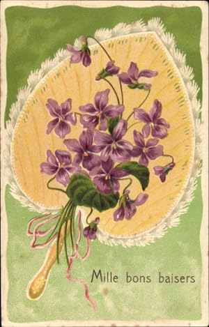 Präge Ansichtskarte / Postkarte Veilchen, Blumenstrauß, Fächer