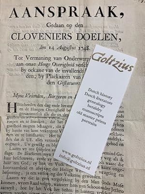 Aanspraak, Gedaan op den Cloveniers Doelen, den 14 Augustus 1748. Tot Vermaning van Onderwerping,...
