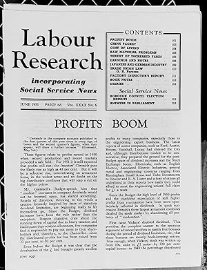 Imagen del vendedor de Labour Research June 1951 / PROFITS BOOM / CHINA PACKET /Cost Of Living over One Year / Raw Material Problems / Threat Of Increased Fares / Japanese Recovery / O H Parson "TRADE UNION LAW" / Social Service News - Borough Council Elections a la venta por Shore Books