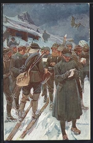 Künstler-Ansichtskarte Soldaten lesen ihre Feldpost im Schnee