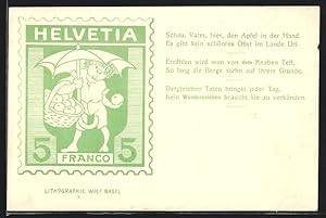 Bild des Verkufers fr Lithographie Schweizer Briefmarke, Lithografie von Wolf Basel - Kind beim pfel sammeln zum Verkauf von Bartko-Reher