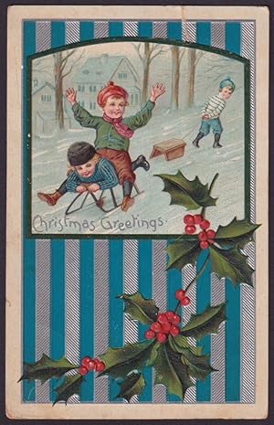 Imagen del vendedor de Christmas postcard 1911: Three boys sledding & holly motif a la venta por The Jumping Frog