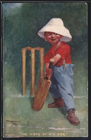 Künstler-Ansichtskarte The Hope of his Side, Knabe spielt Cricket