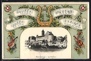 Präge-Ansichtskarte Porrentruy, Le Chateau, Lyra und Noten eines Liedes