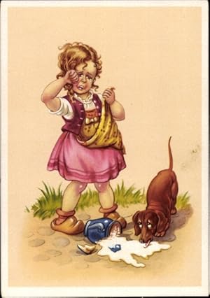 Ansichtskarte / Postkarte Weinendes Mädchen, zerbrochener Milchkrug, Dackel