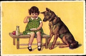 Ansichtskarte / Postkarte Mädchen beim Essen, Schäferhund