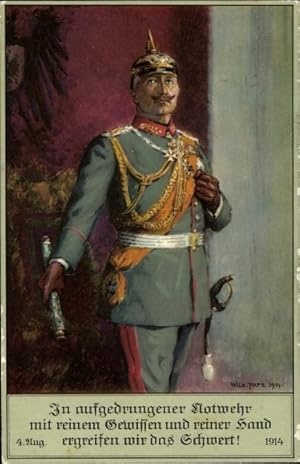 Künstler Ansichtskarte / Postkarte Pape, Wilh., Kaiser Wilhelm II., In aufgedrungener Notwehr mit...