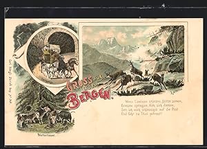 Lithographie Postkutsche in den Bergen