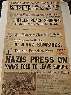 Bild des Verkufers fr Lot of (4) 1940 San Francisco Chronicle/News/Oakland Tribune World War Two Front Page Newspaper Headlines - Nazis Press On - Britain Rejects Berlin's Offer - Hitler Peace Spurned - German Bombers Sink Panama Ship zum Verkauf von rareviewbooks