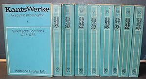 Bild des Verkufers fr Kants Werke. Akademie Textausgabe. Band I bis IX. 9 Bnde I. Vorkritische Schriften I 1747-1756; II. Vorkritische Schriften II 1757-1777; III. Kritik der reinen Vernunft 2. Aufl. 1787; IV. Kritik der reinen Vernunft (1. Aufl. 1781), Prolegomena, Grundlegung zur Metaphysik der Sitten; V. Kritik der praktischen Vernunft , Kritik der Urtheilskraft; VI. Die Religion innerhalb der Grenzen der bloen Vernunft, Die Metaphysik der Sitten; VII. Der Streit der Fakultten, Anthropologie in pragmatischer Hinsicht; VIII. Abhandlungen nach 1781; IX. Logik, Physische Geographie, Pdagogik From a smoker's library with a minimal nicotine smell. Aus einer Raucherbibliothek mit geringem Nikotingeruch. zum Verkauf von Eugen Kpper
