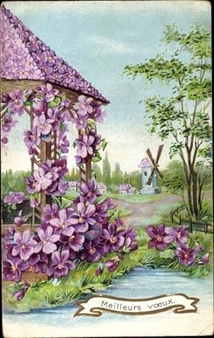 Präge Ansichtskarte / Postkarte Gartenhaus, Veilchen, Windmühle