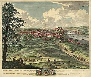 Bild des Verkufers fr Gesamtansicht; im Vordergrund links Schfer mit Herde; rechts die Elbe und Zufahrtweg nach Meissen mit Kutschen, Vieh und Personen ('Prospect von des Uhralten und Beruhmten Haupt Stad Meissen, Samt dem Vortrefflichen Hertzoglichen Schlosse Albrechts-Burg'). zum Verkauf von Antiquariat Norbert Haas