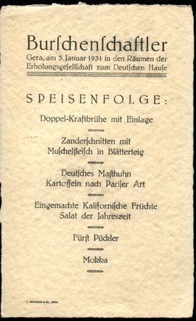 Burschenschaftler Speisekarte. Gera, am 3. Januar in den Räumen der Erholungsgesellschaft zum Deu...