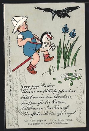 Bild des Verkufers fr Knstler-Ansichtskarte sign. Arpad Schmidhammer: Junge auf dem Steckenpferd am Froschteich, Kinderreim aus Eio popeio zum Verkauf von Bartko-Reher