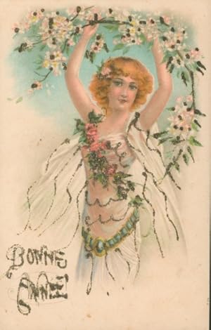 Glitzer Ansichtskarte / Postkarte Glückwunsch Neujahr, Junge Frau, Portrait, Baum