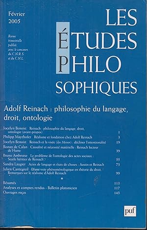 Imagen del vendedor de Revue Les tudes philosophiques, fvrier 2005. Adolf Reinach : philosophie du langage, droit, ontologie. a la venta por PRISCA
