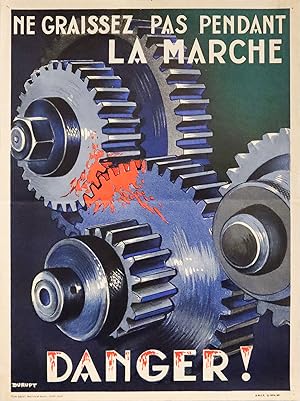 1957 French SNCF Workplace Safety poster - Ne graissez pas pendant la marche, Danger!