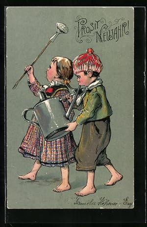 Bild des Verkufers fr Ansichtskarte Junge spielt auf einer Giesskanne, Mdchen als Dirigentin, Prosit Neujahr zum Verkauf von Bartko-Reher