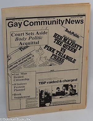 Imagen del vendedor de GCN: Gay Community News; the gay weekly; vol. 7, #33, March 15, 1980; Court Sets Aside Body Politic Acquittal a la venta por Bolerium Books Inc.