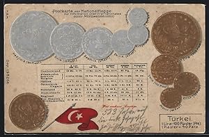 Präge-Ansichtskarte Münzen und Fahne der Türkei, Onlik, Yslik, Lira