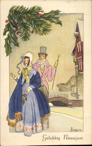 Künstler Ansichtskarte / Postkarte Glückwunsch Neujahr, Elegantes Paar, Stechpalmenzweig