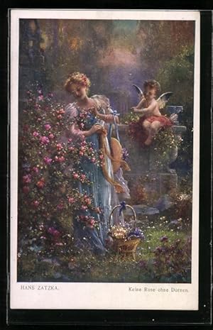 Bild des Verkufers fr Knstler-Ansichtskarte Hans Zatzka: Keine Rose ohne Dornen, Junge Frau und Engel im Garten mit Rosenstrauch zum Verkauf von Bartko-Reher