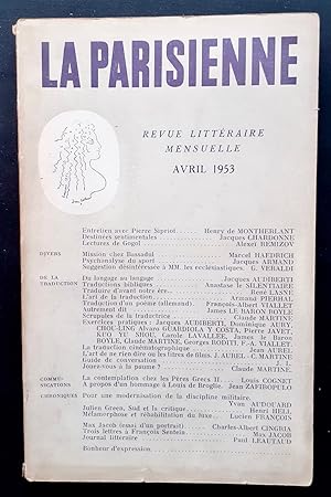 Bild des Verkufers fr La Parisienne. Revue littraire mensuelle : n4, avril 1953. zum Verkauf von Le Livre  Venir