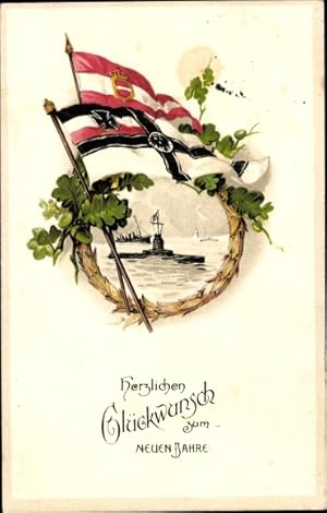 Ansichtskarte / Postkarte Glückwunsch Neujahr, Kriegsschiff, Fahnen, Deutschland, Österreich