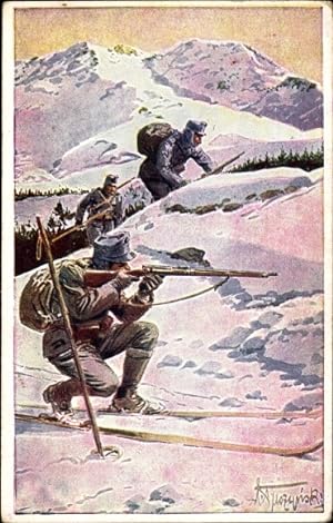 Künstler Ansichtskarte / Postkarte KuK Soldaten im Gebirge, Hilfsaktion Kälteschutz, I WK