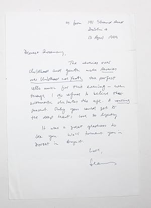 Bild des Verkufers fr An Original Hand Written and Signed Letter by Poet Seamus Heaney to Faber Director Rosemary Goad zum Verkauf von Lasting Words Ltd