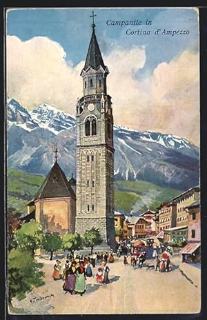 Künstler-Ansichtskarte Hans Treiber: Cortina d`Ampezzo, Strassenpartie an der Kirche