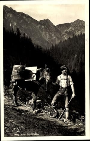 Ansichtskarte / Postkarte Weg zum Hochfelln, Mann in bayrischer Tracht, Pferd