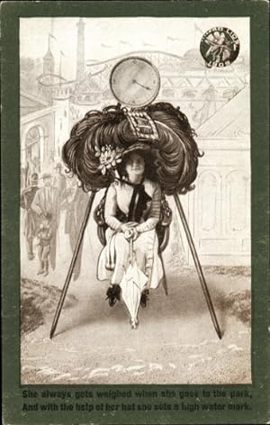 Ansichtskarte / Postkarte Junge Frau mit riesigem Hut, Feder, Portrait, Uhr