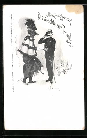 Ansichtskarte Dreyfus-Affäre, Soldat nimmt von der verschleierten Dame einen Brief entgegen