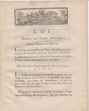 Imagen del vendedor de Loi relative aux gardes nationales : donne  Paris, le 18 Aot 1791 a la venta por PRISCA