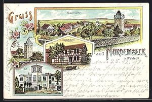 Lithographie Nordenbeck in Waldeck, Geschäftshaus Heinrich Heine, Gut, Alte Burg