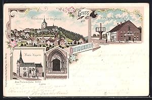 Lithographie Obermarsberg, Gasthaus von Ph. Bartholome, Nicolai-Kapelle, Ortsansicht