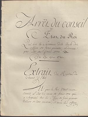 Imagen del vendedor de Arrt du Conseil d'tat du roi, qui lve la sursance de la vente des offices de jurs-priseurs, ordonne par dit de fvrier 1771 : du 25 novembre 1780. a la venta por PRISCA