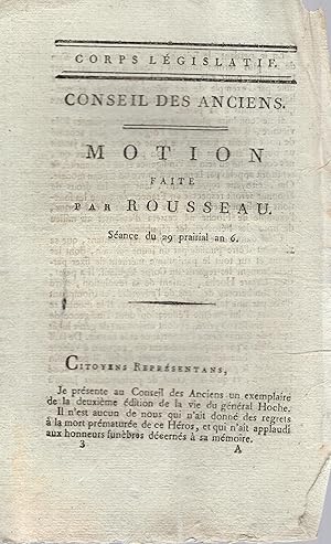 Image du vendeur pour Motion faite par Rousseau : sance du 29 prairial an 6. mis en vente par PRISCA