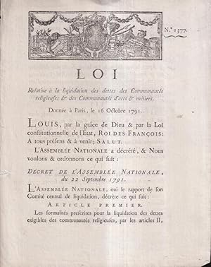Seller image for Loi relative  la liquidation des dettes des communauts religieuses et des communauts d'arts et mtiers : donne  Paris, le 16 octobre 1791. for sale by PRISCA