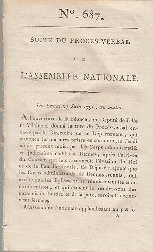 Bild des Verkufers fr Suite du procs -Verbal de L'Assemble Nationale. Du Lundi 27 Juin 1791, au matin. N 687 zum Verkauf von PRISCA