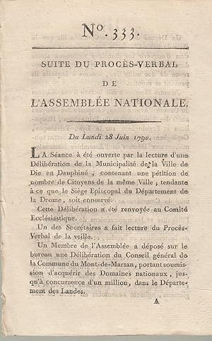 Immagine del venditore per Suite du procs -Verbal de L'Assemble Nationale. Du lundi 28 juin 1790,. N 333 venduto da PRISCA