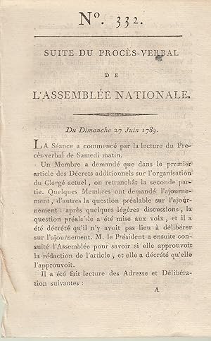 Immagine del venditore per Suite du procs -Verbal de L'Assemble Nationale. Du dimanche 27 juin 1790,. N 332 venduto da PRISCA