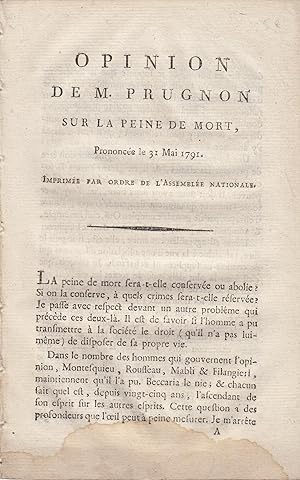 Seller image for Opinion de M. Prugnon sur la peine de mort, prononce le 31 mai 1791. for sale by PRISCA